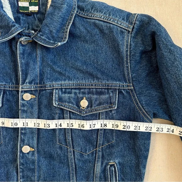 VTG Urgent Gear Sports Wear Dark Wash Cropped Denim Jean Jacket Size XL/18 - Picture 9 of 11
